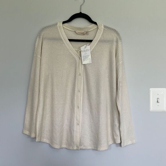 Soft Surroundings Ivory Cream Waffle Knit Long Sleeve Button Shirt Cardigan PL N - Picture 11 of 11